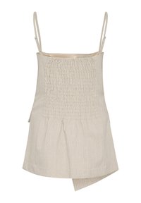 Top smock beige chiaro con spalline sottili, caratterizzato da un motivo testurizzato e un orlo asimmetrico, realizzato in un tessuto leggero.