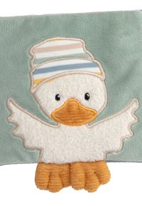 White duck with orange beak and feet, wearing a striped blue and yellow hat, embroidered on a textured mint green fabric background.