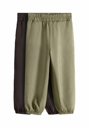 Two pairs of elastic-waist jogger pants, one olive green in front and one dark brown behind, both with gathered cuffs.