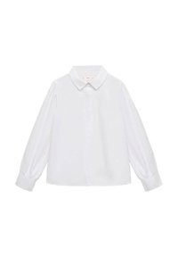 Valkoinen pitkähihaisempi paita, joka on valmistettu sileästä kankaasta. Paidassa on klassinen kaula-aukko, nappikiinnitys ja hieman puffatut hihat, joissa on napilliset hihansuut.