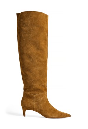 Brown suede knee-high boot with pointed toe and modest kitten heel, featuring a smooth texture and fitted silhouette.