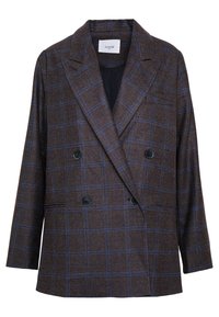Hnědý dvouřadový blazer s modrým kostkovaným vzorem, klopovými límci, dlouhými rukávy a černými knoflíky.