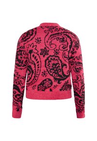 Rosa tröja med svarta paisley- och blommönster, rund halsringning, långa ärmar och ribbad fåll. Mjuk stickad textur. Bakvy visas.