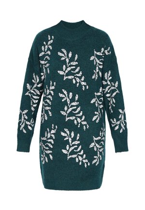 Teal sweater med lange ærmer, høj hals og sølvblad-mønstrede udsmykninger over det hele. Strikket tekstur, oversized pasform.