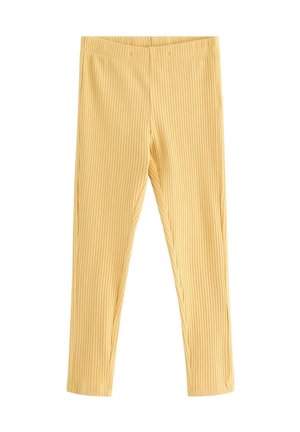 Gule ribstrikkede leggings med elastisk talje, tætsiddende pasform og ankel-længde design.