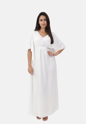 Robe blanche, mi-longue, avec un décolleté en V, des manches évasées et une taille cintrée. Fabriquée en tissu léger avec une texture lisse.
