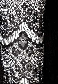 Svart spetstyg med intrikata blommönster och geometriska designer. Texturen är delikat och semitransparent.