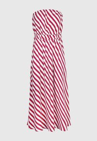 Robe sans bretelles, rayures diagonales rouges et blanches, taille cintrée, tissu fluide, longueur genou, texture légère.