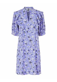 Floral dress in lavender with short puff sleeves, a keyhole neckline, and black, white, and yellow floral patterns throughout. Smooth texture.