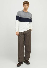 Pullover tricotat cu dungi orizontale gri, bleumarin și albe; textură ribatată; asortat cu pantaloni largi maro și pantofi întunecați.
