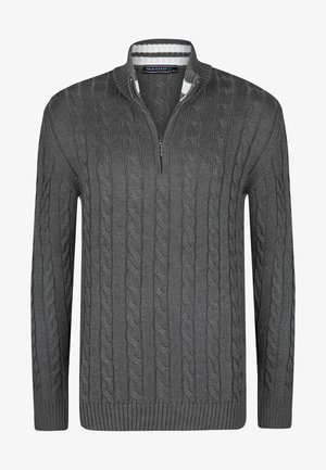 Gray cable-knit pullover sweater with a half-zip collar and ribbed cuffs. Features white-striped interior neck. Textured, warm fabric.