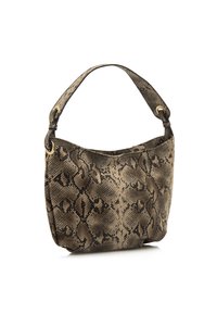 Sac à main en simili cuir serpent marron avec un dessus incurvé, des coutures décoratives et une poignée unique avec des accents en métal doré.