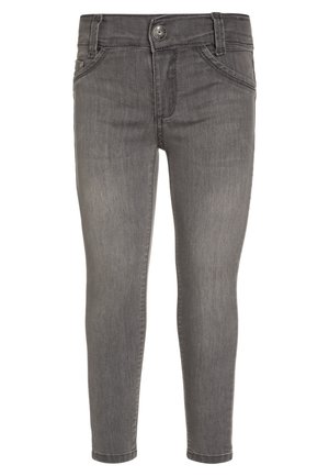 Slim-Fit graue Jeans aus Denim mit Fronttaschen, Knopfverschluss und Gürtelschlaufen, von vorne vor weißem Hintergrund gezeigt.