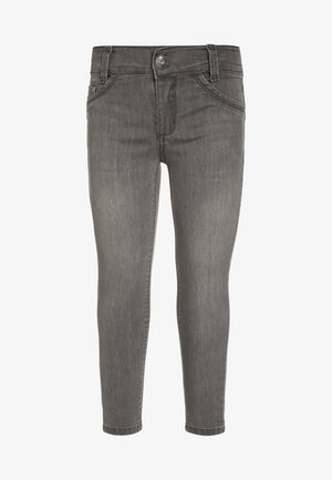 Jean slim gris en denim avec poches avant, fermeture par boutons et passants de ceinture, présenté de face sur fond blanc.