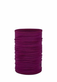 Gola tubular morada hecha de tela elástica con una superficie texturizada y diseño fruncido, con dobladillo redondeado en la parte superior e inferior.