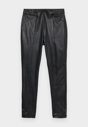 Mustad mustadest nahkpüksid, millel on kitsas lõige, elastne vöökoht ja kaks esikotti koos õmblusdetailidega. Sile, tekstuuriga viimistlus.