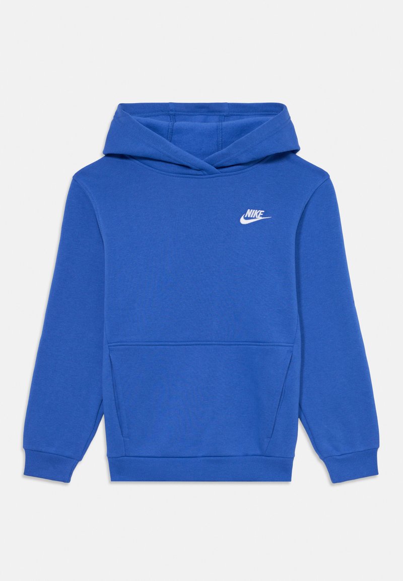 Hanorac albastru Nike cu buzunar tip cangur, manșete și tiv ribbate. Prezintă un logo Nike alb pe pieptul stâng. Textură de material neted.