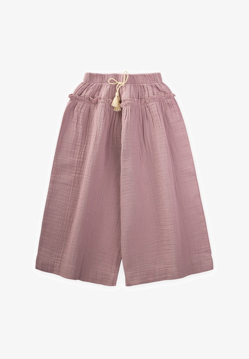 Svetlo roza široke hlače izdelane iz mehke, teksturirane tkanine. Imajo elastični pas z vrvico in volanaste dodatke.