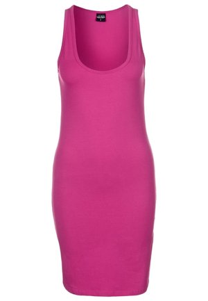 Robe rose moulante sans manches avec un décolleté arrondi, confectionnée dans un tissu doux, présentant un design sans coutures et une silhouette près du corps.