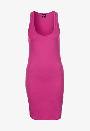 Rosa, ärmelloses Bodycon-Kleid mit rundem Ausschnitt, aus weichem Stoff, nahtlosem Design und figurbetonter Silhouette.