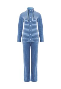 Ensemble en polaire bleu comprenant une veste zippée avec des bandes horizontales blanches, des détails en boutons, et un pantalon assorti avec une texture lisse.