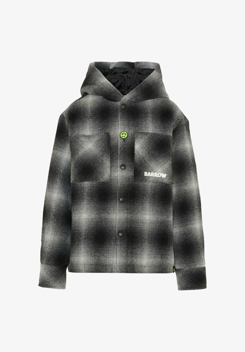 Zwart-grijze geruite hoodie-jack met drukknoopjes, twee borstzakken, een groene pootafdrukknop en "BARROW" tekst op een van de zakken.