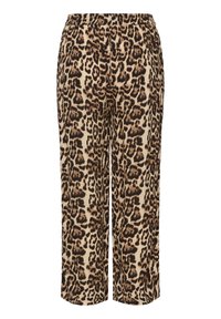 Pantalons à motif léopard avec un fond beige, présentant une coupe décontractée et une taille élastique pour le confort. Fabriqués en tissu léger.