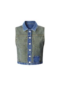 Zastrihnutá džínsová vesta z svetlozelenej tkaniny, s modrým golierom, veľkými prednými gombíkmi, dvoma náprsními vreckami a dolným vreckom s akcentmi šitia.