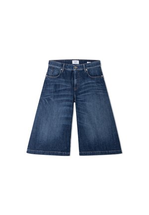 Donkerblauwe denimshorts met wijde pijpen tot op de knie, voorzakken, riemlussen en knoopsluiting.