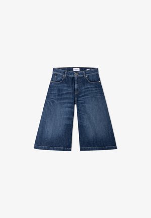 Shorts en jean larges jusqu’aux genoux bleu foncé avec poches avant, passants de ceinture et fermeture à bouton.