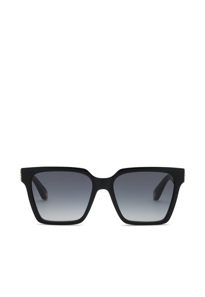Lunettes de soleil à monture carrée noire avec des branches épaisses et des verres dégradés gris foncé présentées sur fond blanc.