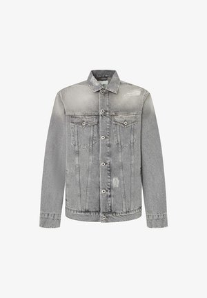 Grau denim Jacke mit klassischem Schnitt, zwei Brusttaschen, used-Look-Details, Knopfverschluss und sichtbaren Nähakzenten.