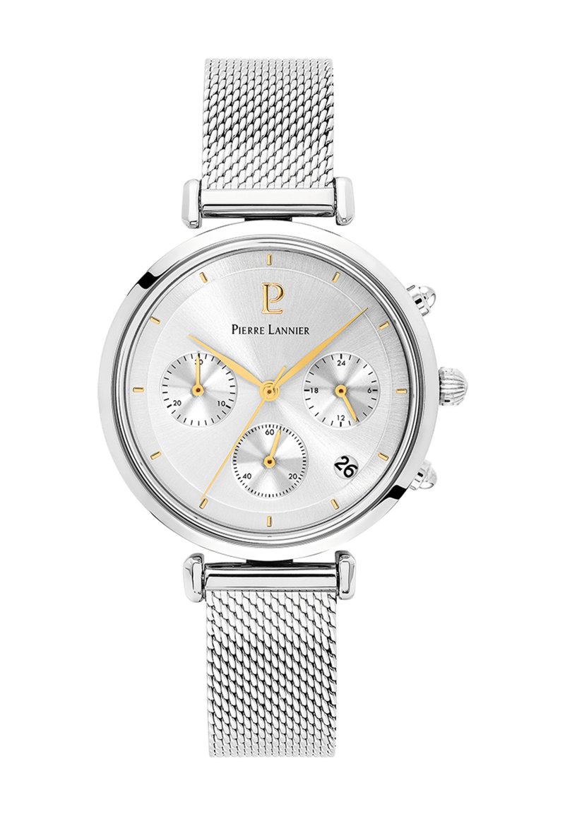 Orologio cronografo argentato con bracciale in maglia, caratterizzato da un quadrante argentato testurizzato, dettagli dorati, tre sottoquadranti e una visualizzazione della data alle 6.