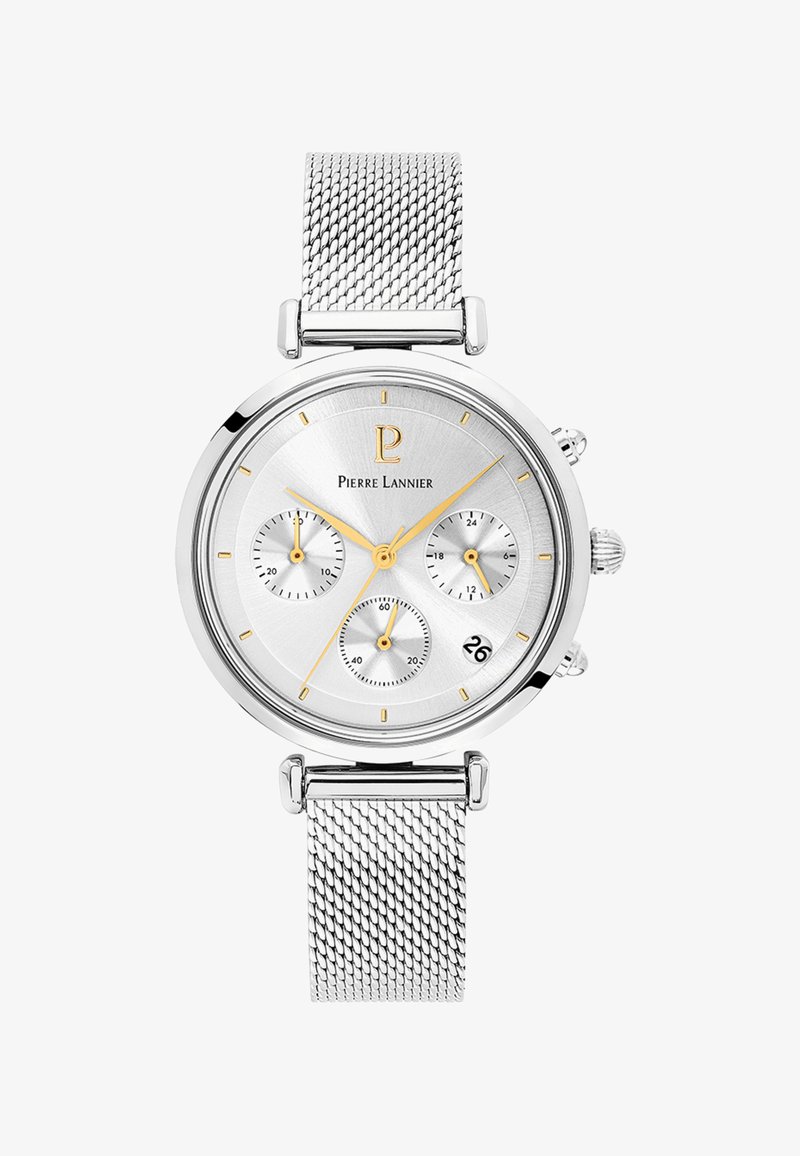 Orologio cronografo argentato con bracciale in maglia, caratterizzato da un quadrante argentato testurizzato, dettagli dorati, tre sottoquadranti e una visualizzazione della data alle 6.