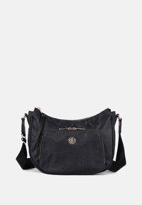 Borsa a spalla nera realizzata in tessuto testurizzato con accessori in tonalità oro. Caratterizzata da una tasca frontale con zip e una tracolla regolabile per maggiore comodità.