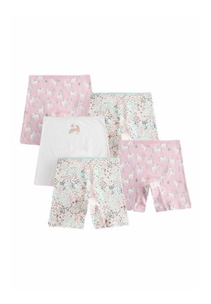 Pięć par dziecięcych krótkich spodenek i spódniczek w pastelowych kolorach z wzorami jednorożców i kwiatów, ułożonych na białym tle.