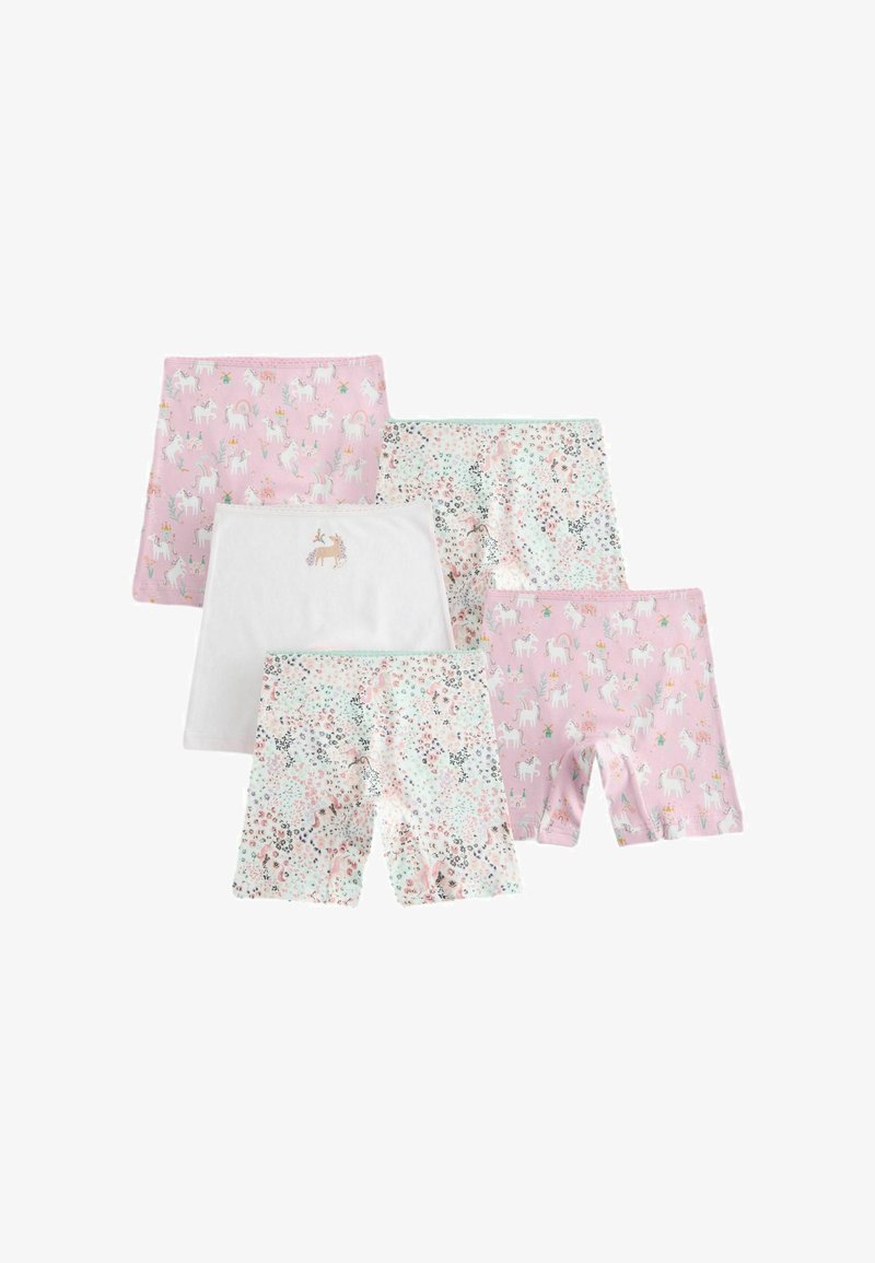 Pet parova dječjih hlača kratkih i suknji u pastelnim bojama s uzorcima jednoroga i cvijeća raspoređenih na bijeloj pozadini.