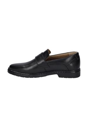 Black leather slip-on shoe with a rounded toe, stitched accents, a padded collar, and a textured sole for grip. Interior features a tan lining.