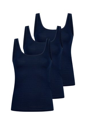 Drei marineblaue ärmellose Tanktops, überlappend auf weißem Hintergrund dargestellt.
