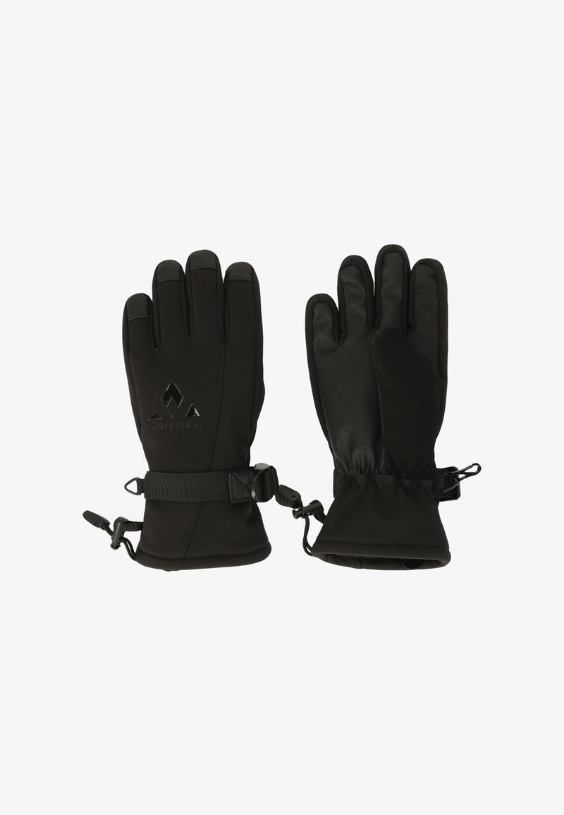 Schwarze isolierte Handschuhe mit strukturierter Oberfläche, verstellbaren Riemen und robustem Design. Verfügen über verstärkte Fingerspitzenakzente und ein Logodetail.