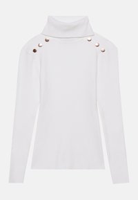 Biała bluzka z długim rękawem z wysokim kołnierzem, o prążkowanej fakturze, z złotymi guzikami na szwach ramion, dopasowany krój dla smukłej sylwetki.