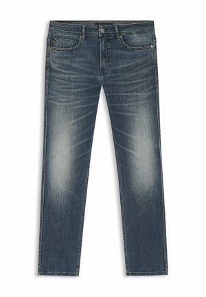 Jean bleu slim avec détails délavés sur l'avant des cuisses et des effets de froissage près des poches, doté d'un design classique à cinq poches et d'une fermeture à bouton.