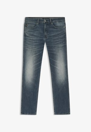 Slim fit blue jeans with faded details on front thighs and whiskering near pockets, featuring classic five-pocket design and button closure.