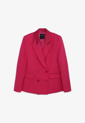 Hot pink double-breasted blazer with satin lapels, two front pockets, and a single chest pocket. Tailored fit with structured shape.