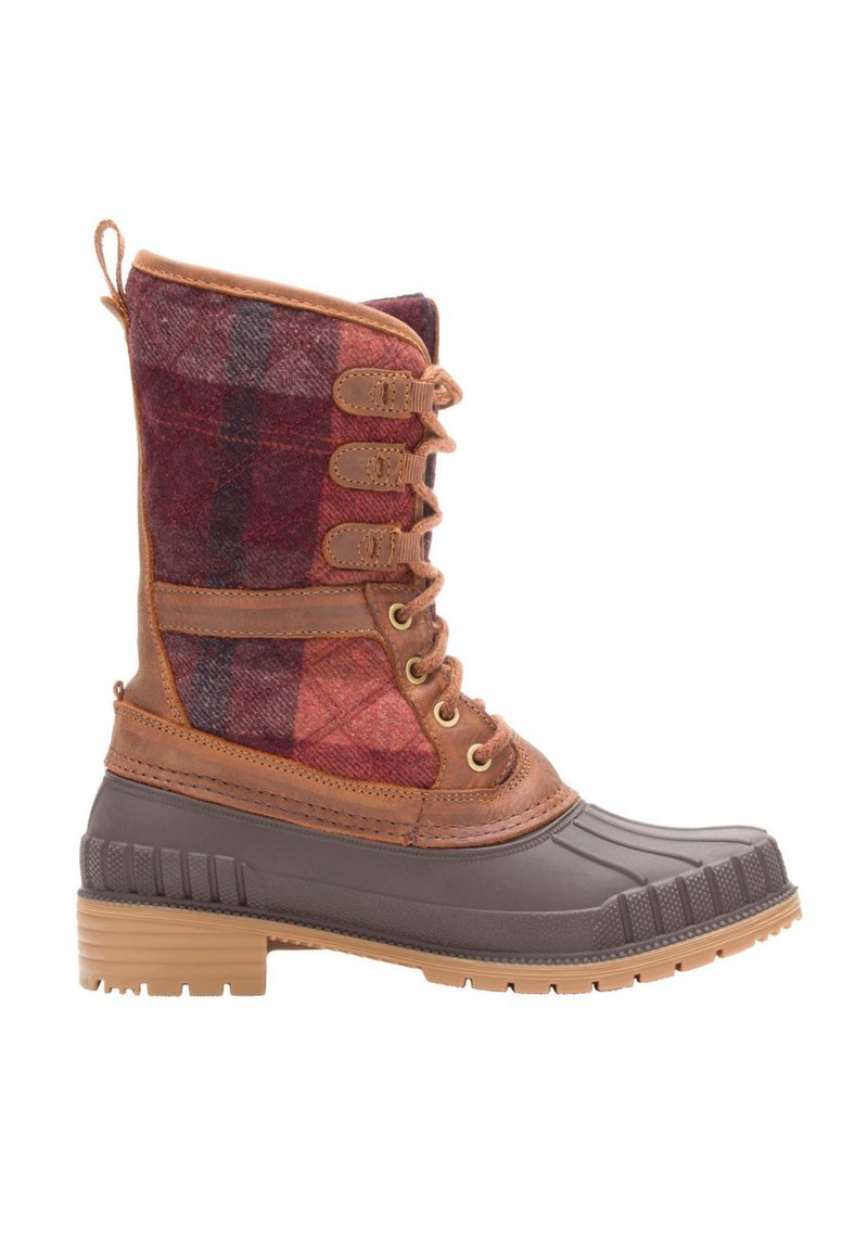 Braune Lederbasis und Gummisohle Stiefel mit einem Obermaterial aus rot-blauem Karomuster. Verfügt über sechs Ösen mit Schnürung und eine Seitenlasche.