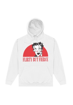 Hvid hoodie med en frontlomme, snøre i hætten og et grafisk tryk af en tegneseriefigur med teksten "FLIRTY BUT FIERCE" i rød.
