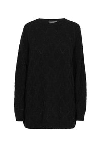 Schwarzer Strickpullover mit strukturiertem Rautenmuster, Rundhalsausschnitt und langen Ärmeln mit gerippten Bündchen und Saum.