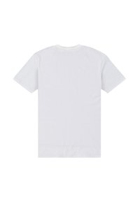 Camiseta blanca de manga corta hecha de algodón. Presenta un clásico cuello redondo y una textura suave y lisa sin patrones ni acentos visibles.