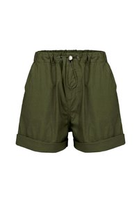 Pantaloni corti verde oliva realizzati in tessuto leggero, con vita elastica e coulisse, e orli cuffia per una vestibilità comoda.