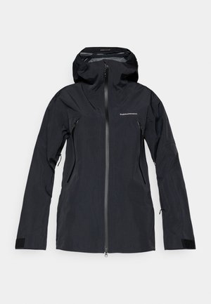 Crna vodootporna jakna s kapuljačom, s punim prednjim zipom, zatvorenim džepovima i podesivim manžetama. Glatka tkanina s prilagođenim dizajnom.
